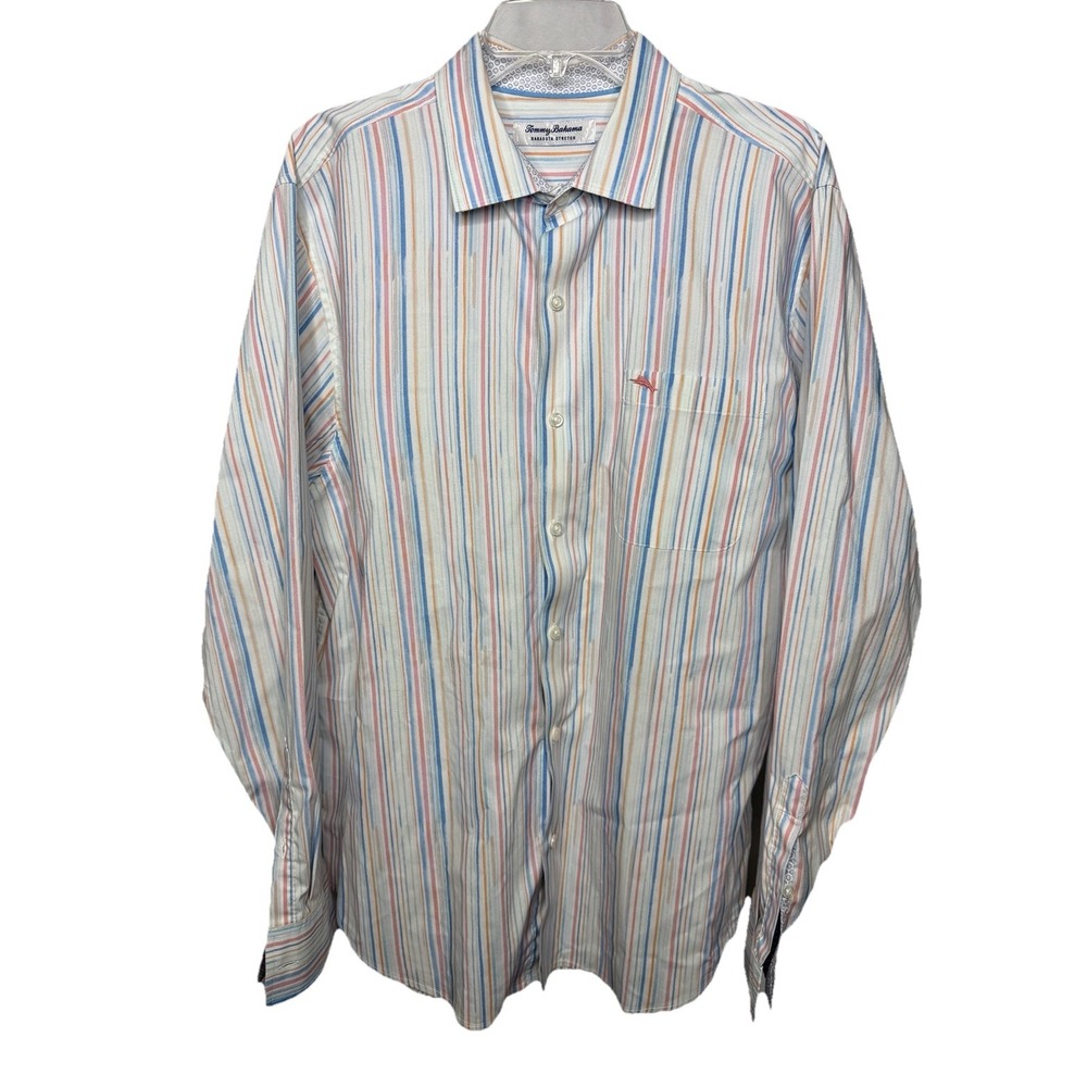 Tommy Bahama Sarasota Stretch Mens Large Blue White Pink Long Sleeve Button Up - Picture 2 of 8